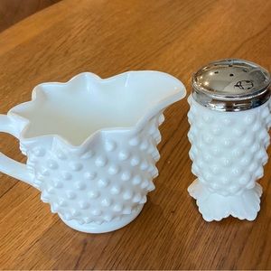 Vintage Fenton Hobnail Milk Glass Creamer and Salt Shaker Set
